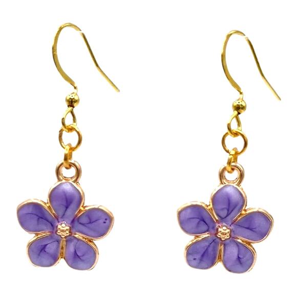 Purple Flower Earrings Gold Floral Jewelry Gift for Her - Picture 1 of 3
